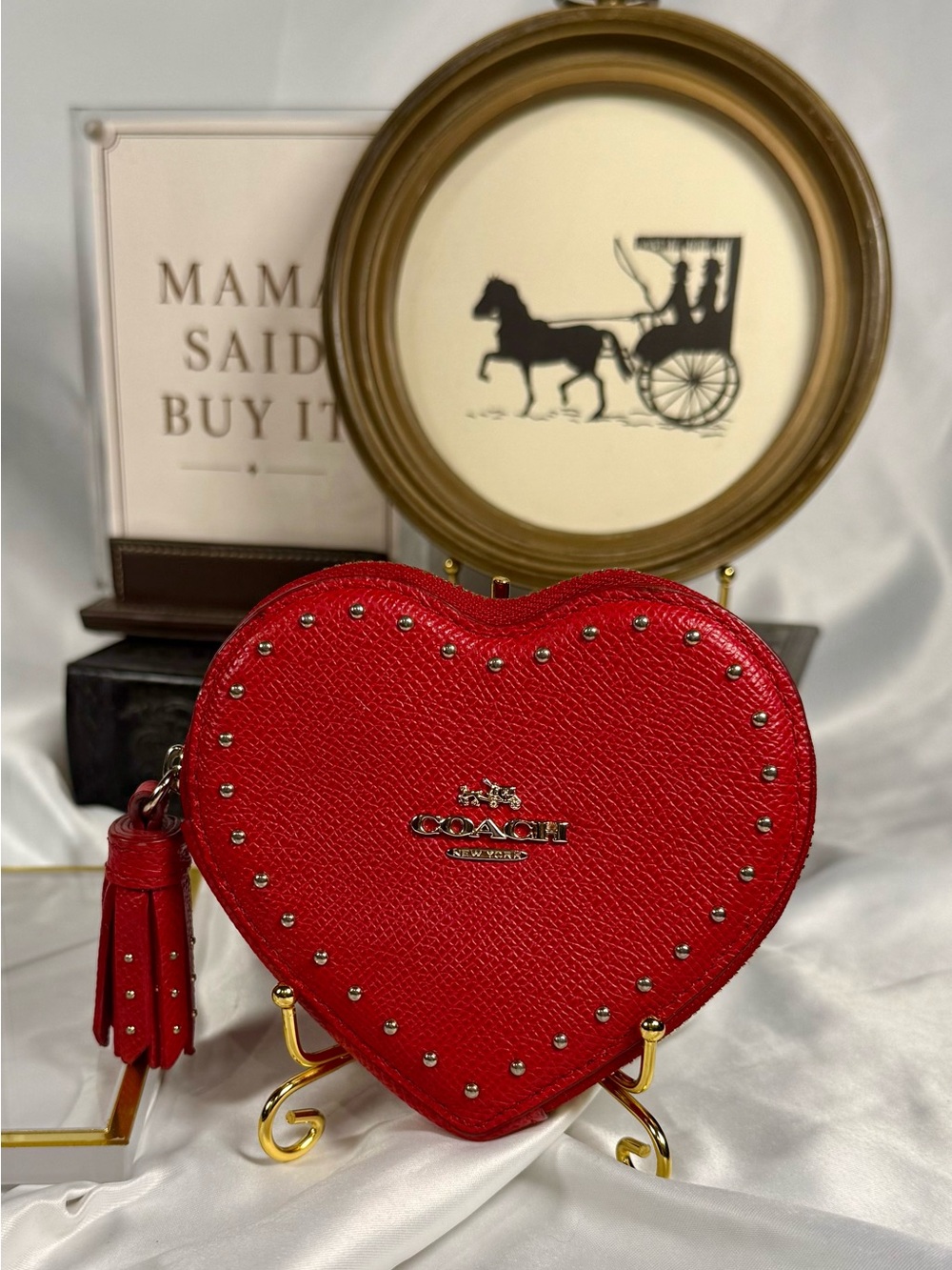 Coach True Red Studded Heart Coin Case Leather Tassel Wallet 65491
